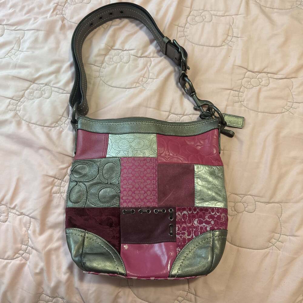 Coach Holiday Pink Purple & Silver Patchwork Crossbody Bag